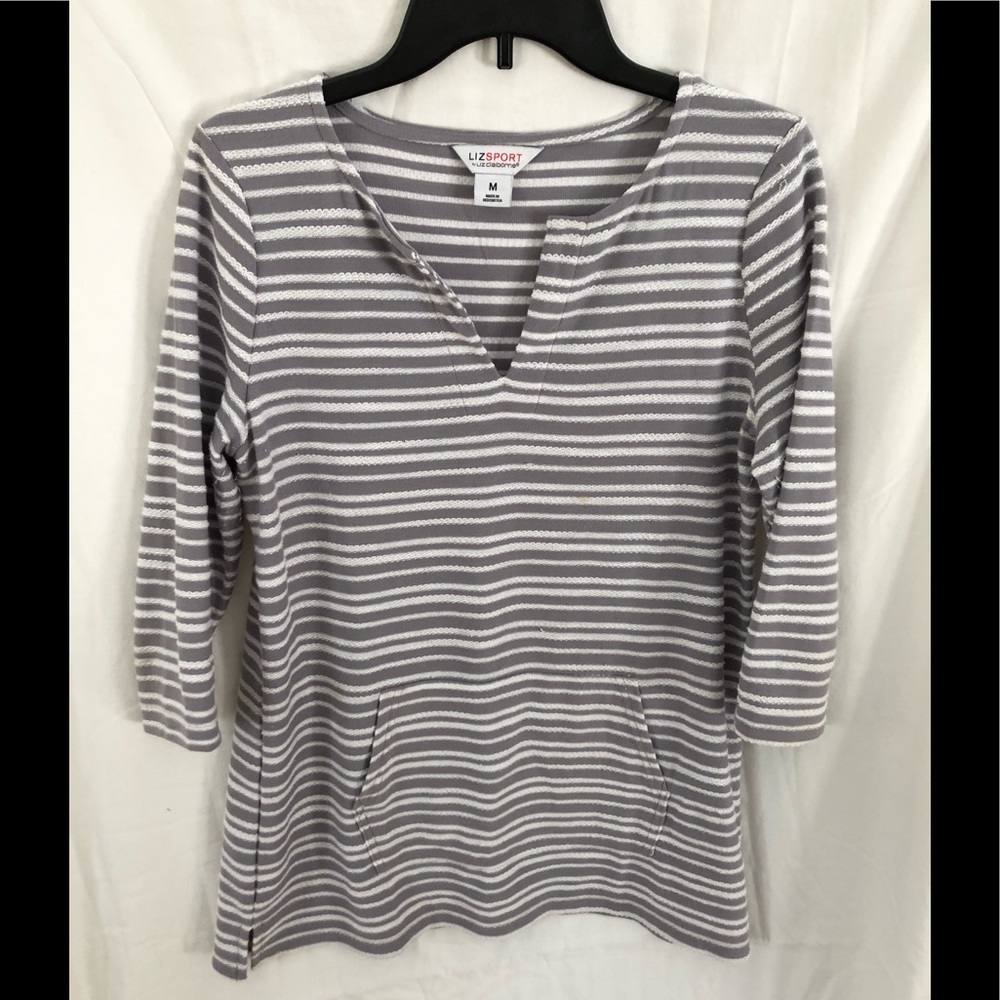 Gray/white striped 3/4 sleeve women’s shirt